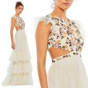 Mac Duggal 35106 Cream Floral Tiered Tulle Cutout Evening Gown Size 6